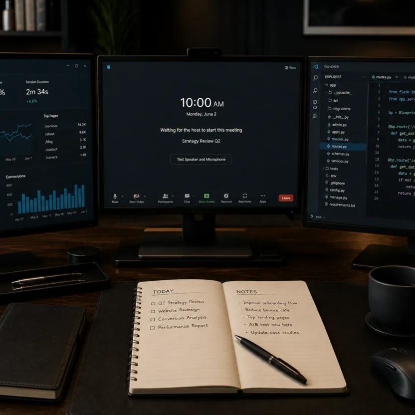 Workspace showing analytics, strategy planning, and web development